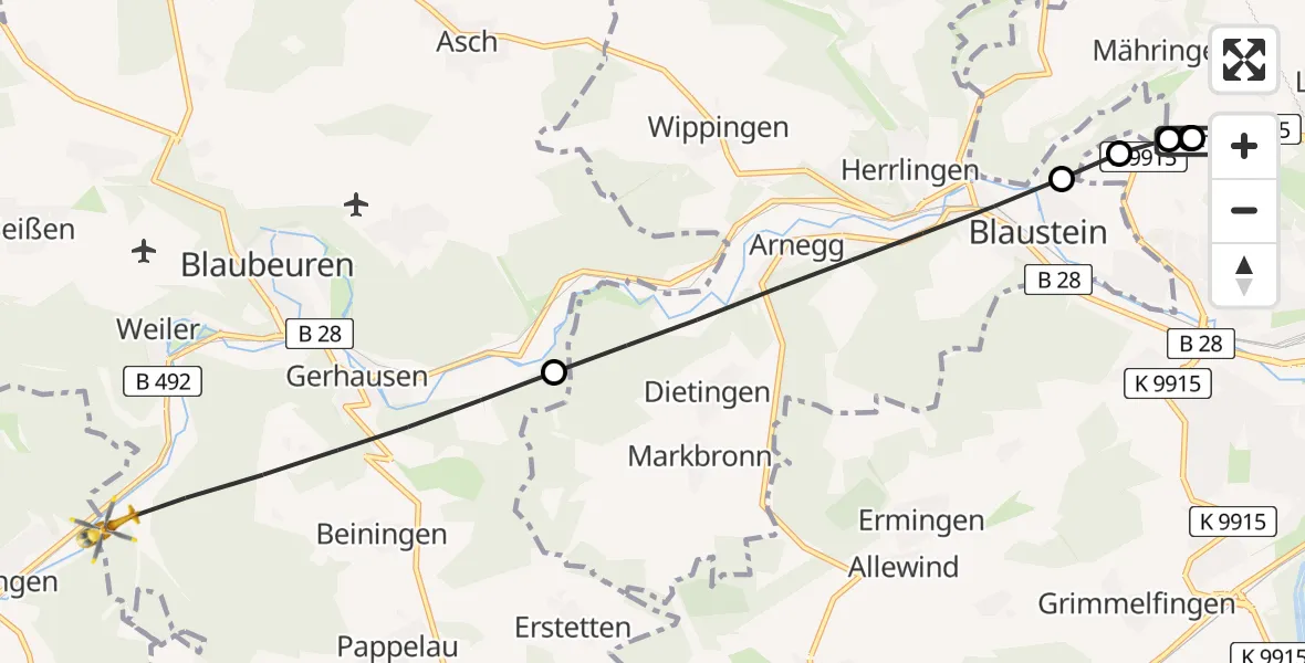 Flugroute Rettungshubschrauber Ulm Military Hospital Emergency - Blaubeuren, 09 Juli 2026, 16:52