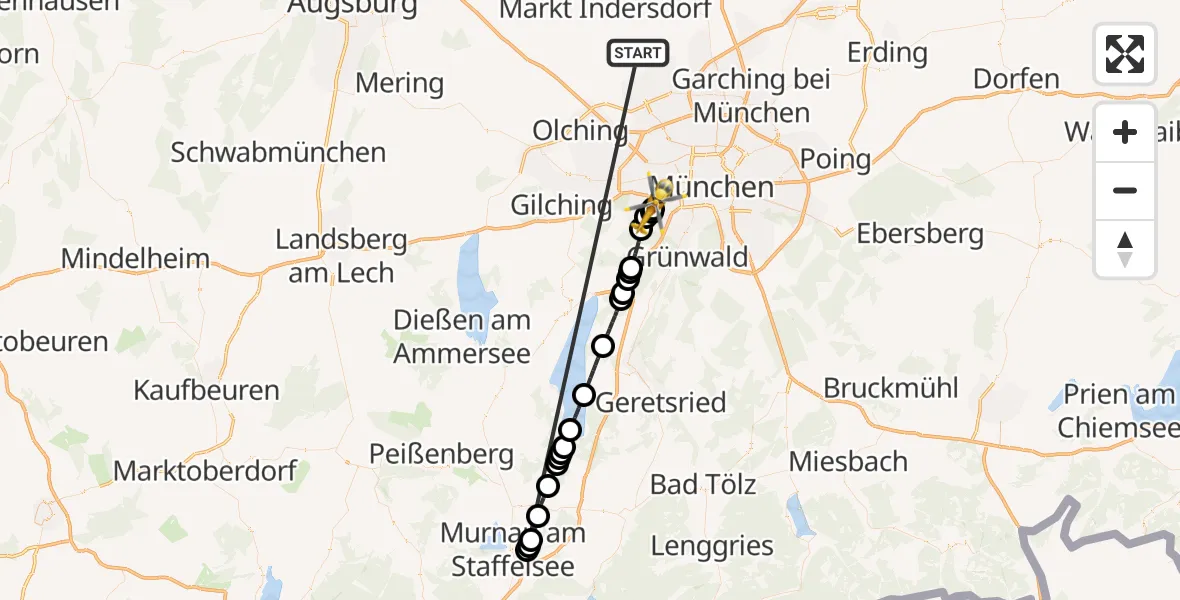 Flugroute Rettungshubschrauber Röhrmoos - DRF Air Rescue München Hubschrauberlandeplatz, 09 Juli 2026, 16:54