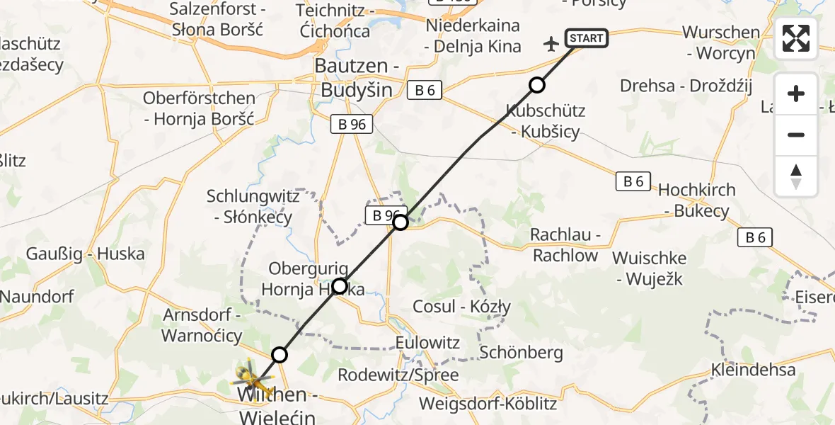 Flugroute Rettungshubschrauber Bautzen Flugplatz - Wilthen, 09 Juli 2026, 16:55
