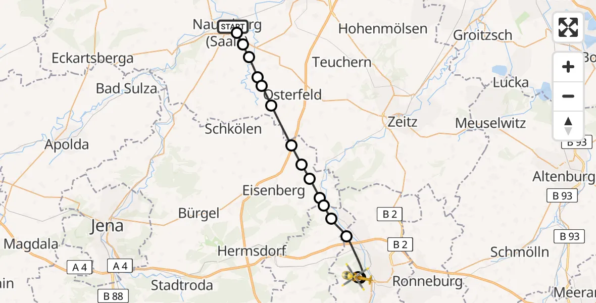Flugroute Rettungshubschrauber Naumburg Hospital - SRH Wald-Klinikum Gera Hospital, 09 Juli 2026, 17:02