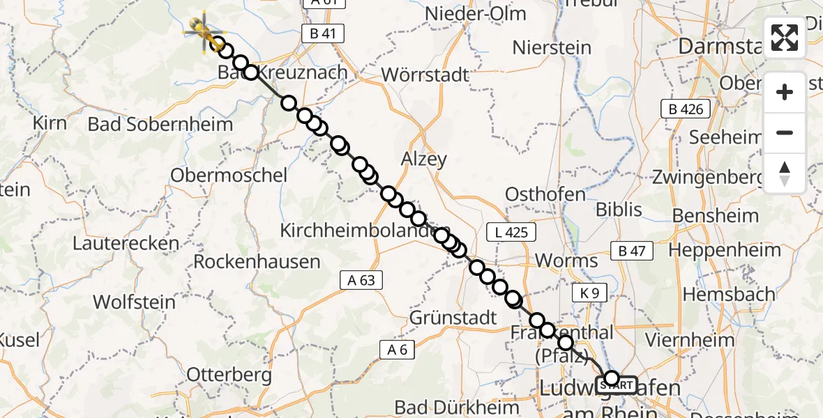 Flugroute Ambulanzhubschrauber Mannheim - Wallhausen, 09 Juli 2026, 17:03