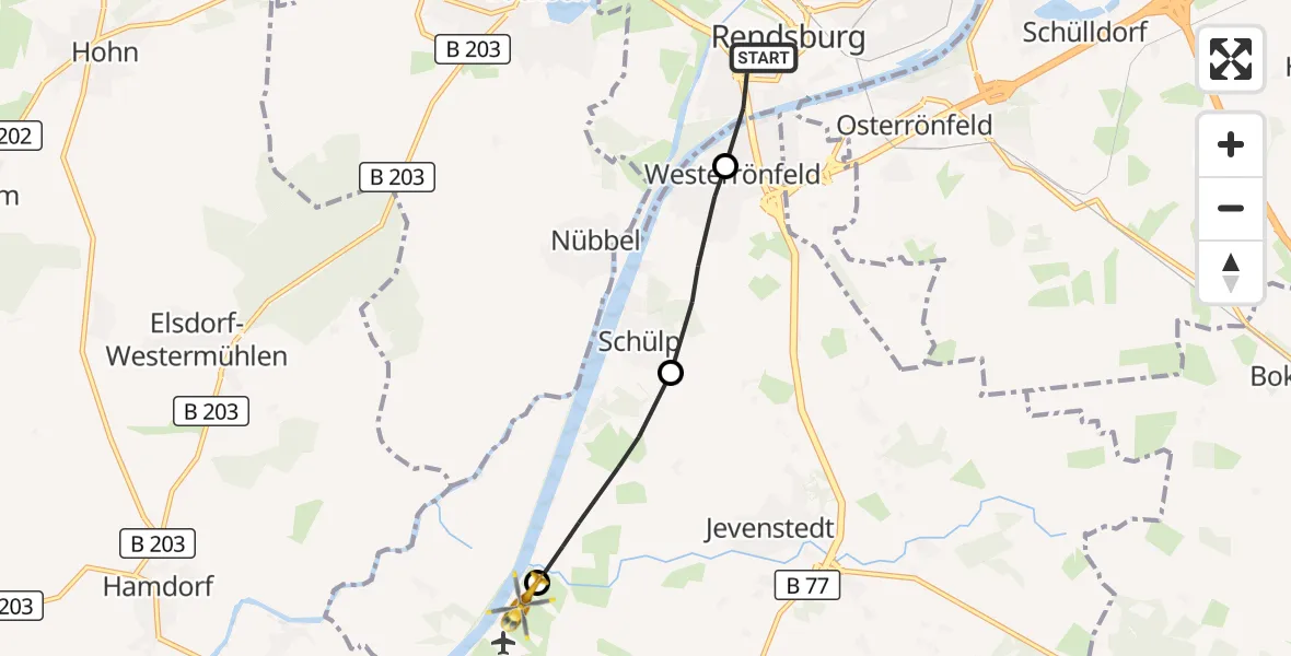 Flugroute Ambulanzhubschrauber Rendsburg - Rendsburg-Schachtholm Flugplatz, 09 Juli 2026, 17:06