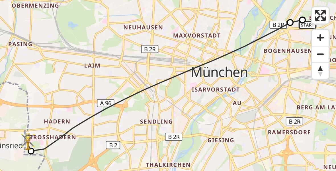 Flugroute Ambulanzhubschrauber München Bogenhausen Hospital - DRF Air Rescue München Hubschrauberlandeplatz, 09 Juli 2026, 17:07