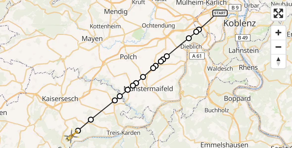 Flugroute Rettungshubschrauber Koblenz - Klotten, 09 Juli 2026, 17:08