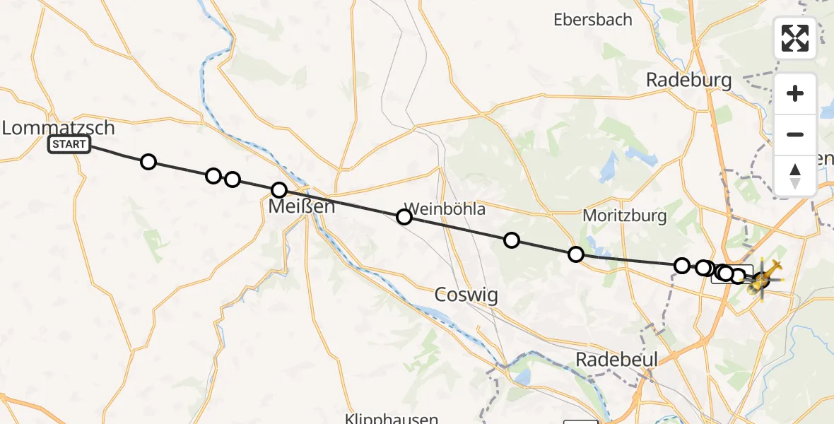Flugroute Rettungshubschrauber Lommatzsch - Dresden Bundespolizei Hubschrauberlandeplatz, 09 Juli 2026, 17:09