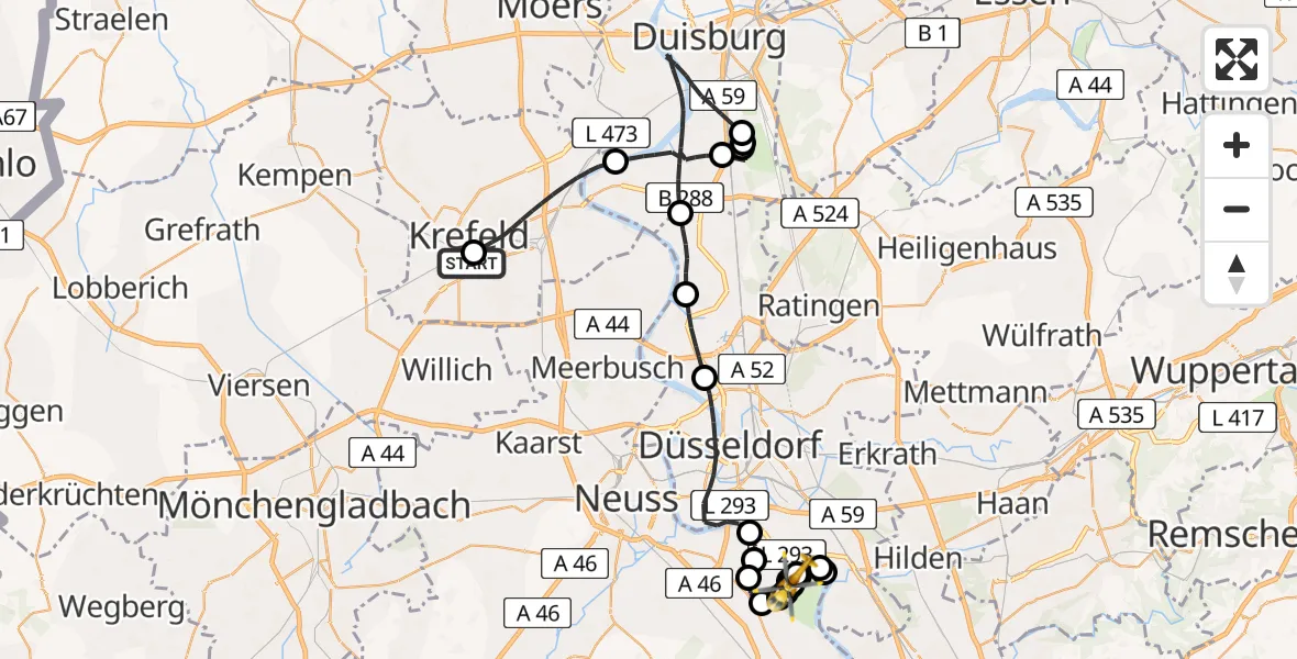 Flugroute Rettungshubschrauber Helios Clinic Krefeld - Düsseldorf, 09 Juli 2026, 17:10
