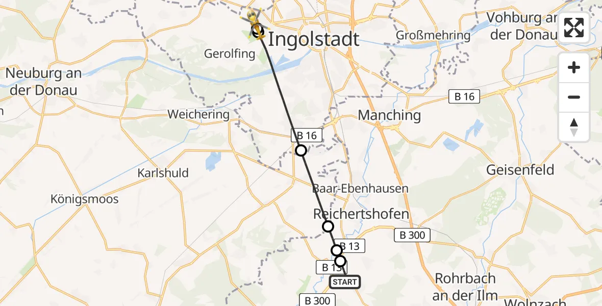 Flugroute Rettungshubschrauber Pörnbach - Ingolstadt Hospital, 09 Juli 2026, 17:11
