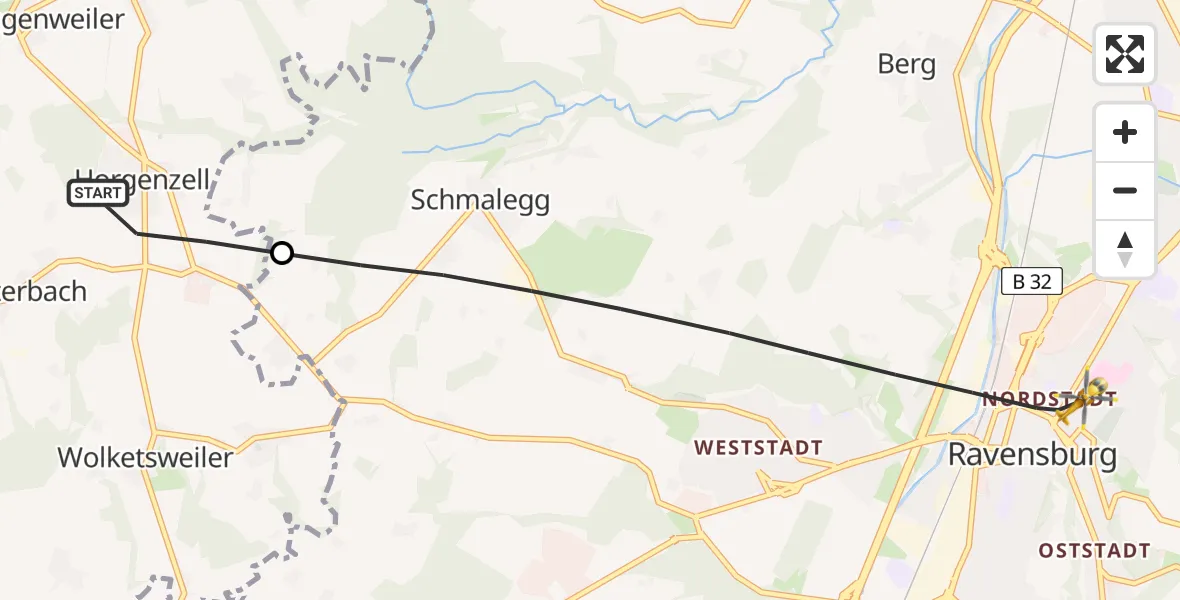 Flugroute Rettungshubschrauber Horgenzell - Sankt Elisabeth Hospital Hubschrauberlandeplatz, 09 Juli 2026, 17:11