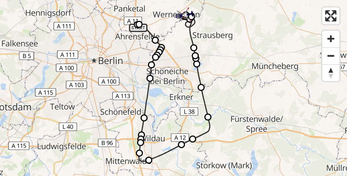 Flugroute Polizeihubschrauber Ahrensfelde Hubschrauberlandeplatz - Werneuchen Flugplatz, 09 Juli 2026, 17:14