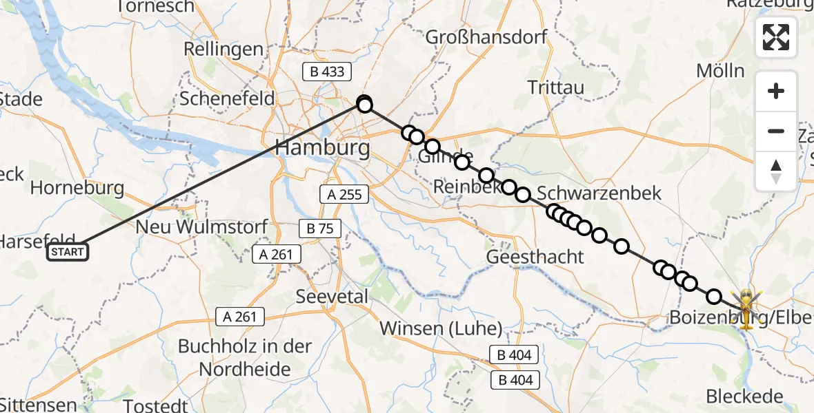 Flugroute Rettungshubschrauber Harsefeld - Boizenburg/Elbe, 09 Juli 2026, 17:14