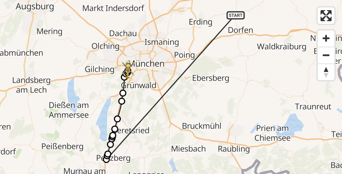 Flugroute Rettungshubschrauber Taufkirchen (Vils) - DRF Air Rescue München Hubschrauberlandeplatz, 09 Juli 2026, 17:18