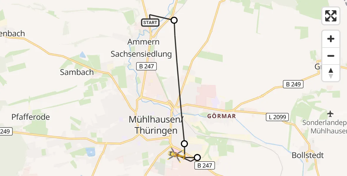 Flugroute Rettungshubschrauber Unstruttal - Hufeland Hospital, 09 Juli 2026, 17:20