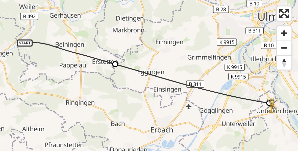 Flugroute Rettungshubschrauber Blaubeuren - Illerkirchberg, 09 Juli 2026, 17:28