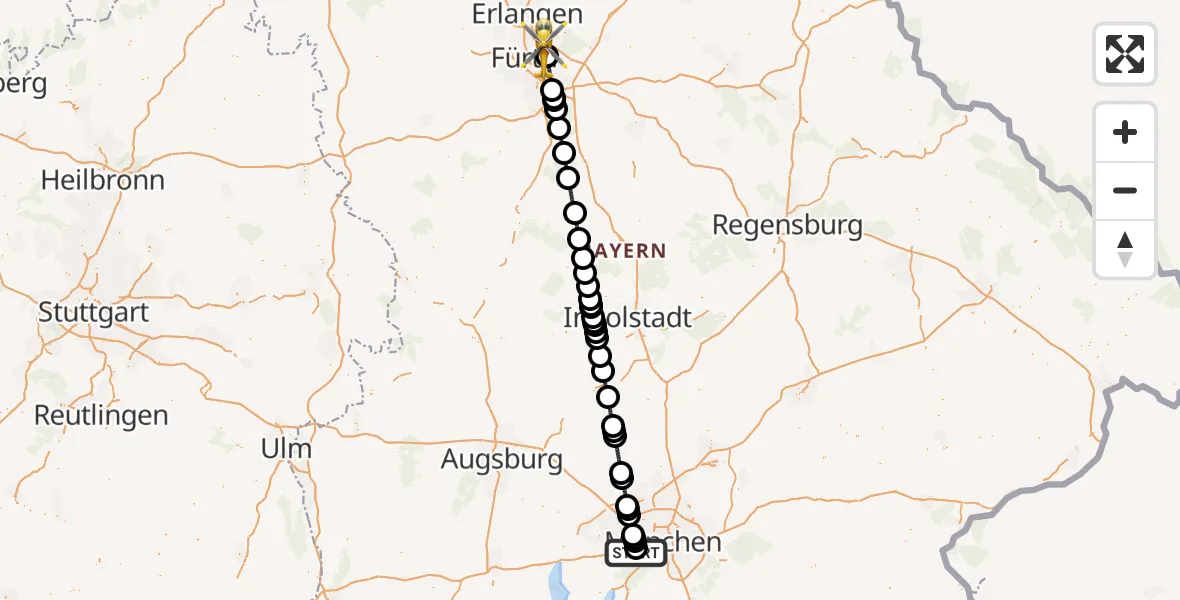 Flugroute Ambulanzhubschrauber DRF Air Rescue München Hubschrauberlandeplatz - Flughafen Nuremberg, 09 Juli 2026, 17:33