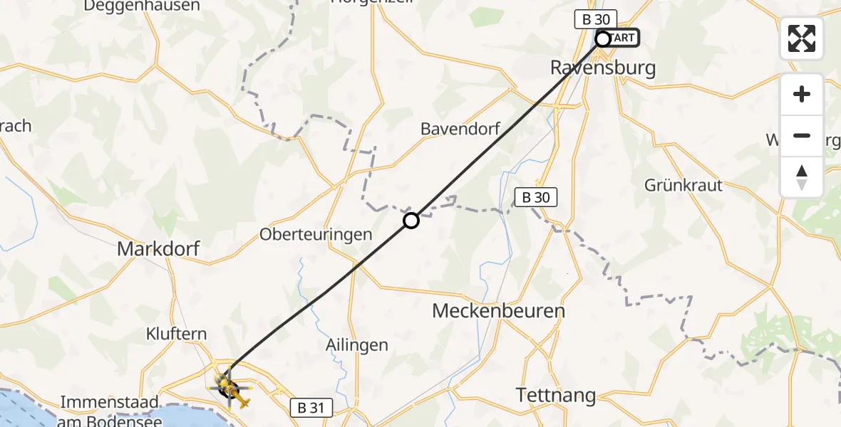 Flugroute Rettungshubschrauber Sankt Elisabeth Hospital - Friedrichshafen Hospital, 09 Juli 2026, 17:36