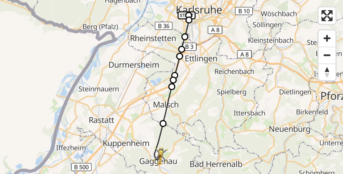 Flugroute Ambulanzhubschrauber Sankt Vincentius Hospital - Gaggenau, 09 Juli 2026, 17:39