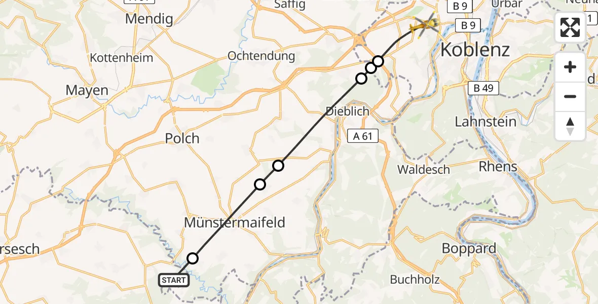 Flugroute Rettungshubschrauber Möntenich - Koblenz, 09 Juli 2026, 17:55
