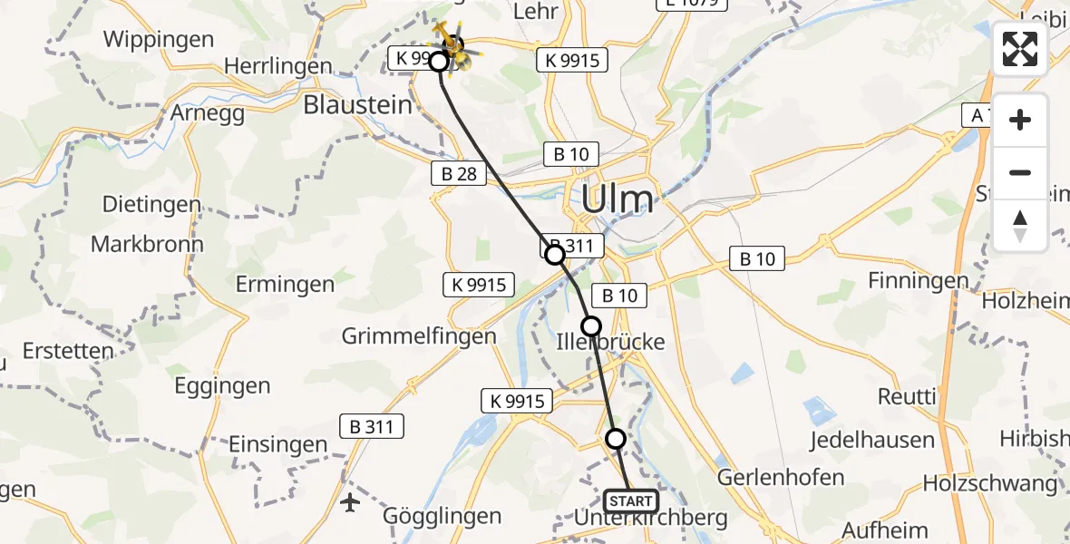 Flugroute Rettungshubschrauber Illerkirchberg - ADAC Air Rescue Station Ulm (Christoph 22), 09 Juli 2026, 17:59