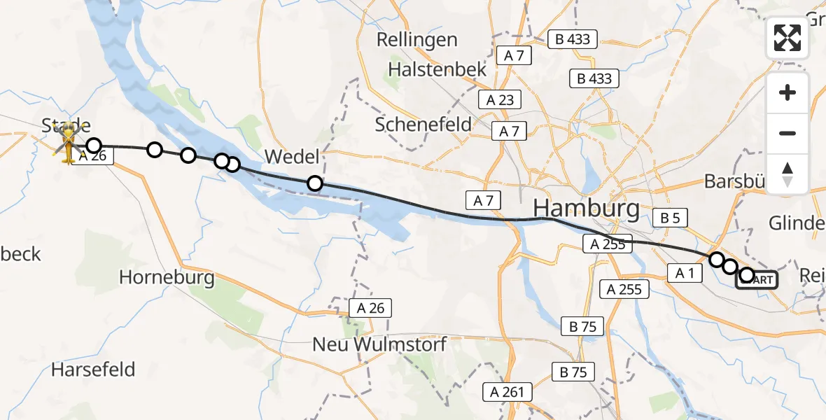 Flugroute Ambulanzhubschrauber Christoph Hansa ADAC Hubschrauberlandeplatz - Stade, 09 Juli 2026, 18:00