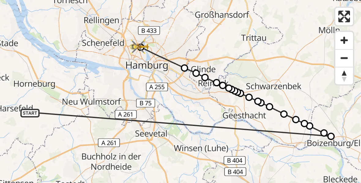 Flugroute Rettungshubschrauber Harsefeld - Universitätsklinikum Hamburg-Eppendorf Hubschrauberlandeplatz, 09 Juli 2026, 18:03