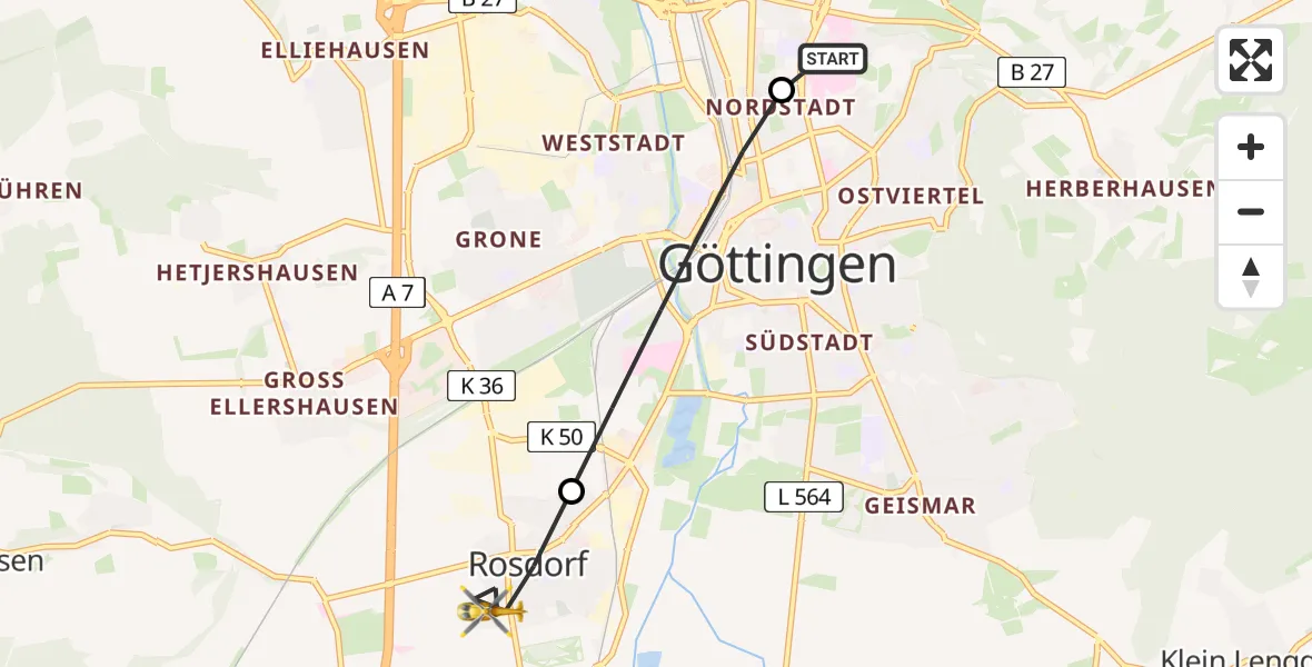 Flugroute Rettungshubschrauber Göttingen University Clinic Hubschrauberlandeplatz - Rosdorf, 09 Juli 2026, 18:05