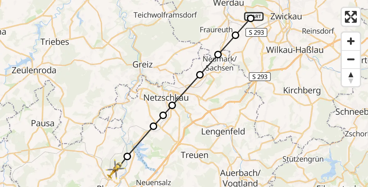 Flugroute Rettungshubschrauber ADAC Air Rescue Station Zwickau Hubschrauberlandeplatz - Plauen, 09 Juli 2026, 18:09
