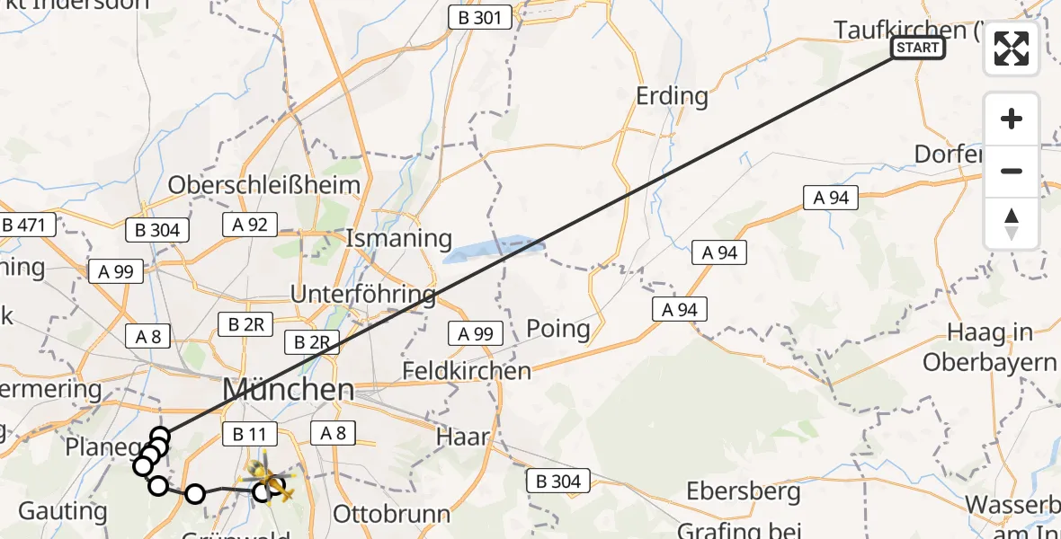 Flugroute Rettungshubschrauber Taufkirchen (Vils) - ADAC Air Rescue Center Hubschrauberlandeplatz (Christoph 1), 09 Juli 2026, 18:14
