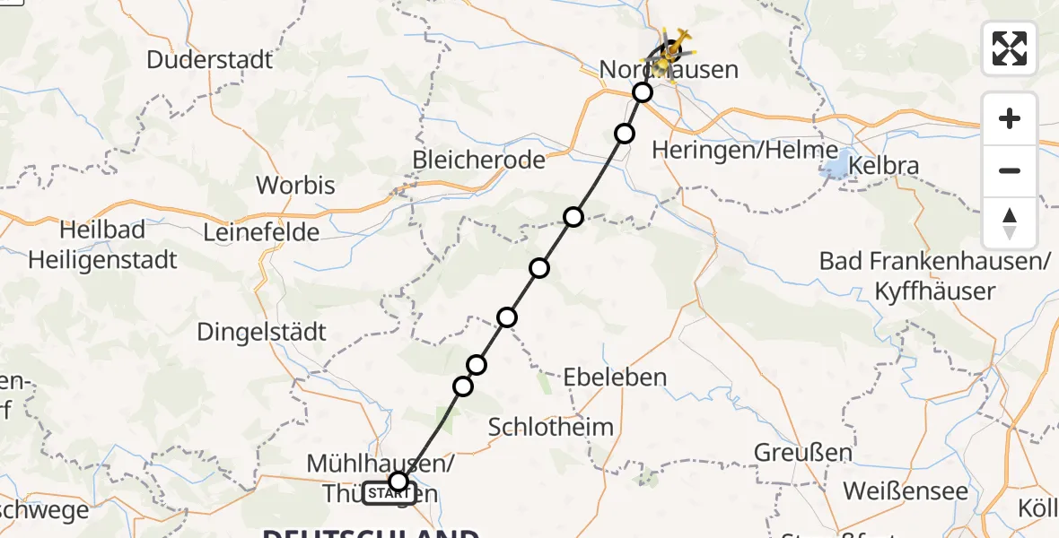 Flugroute Rettungshubschrauber Hufeland Hospital - Südharz Hospital Nordhausen, 09 Juli 2026, 18:15