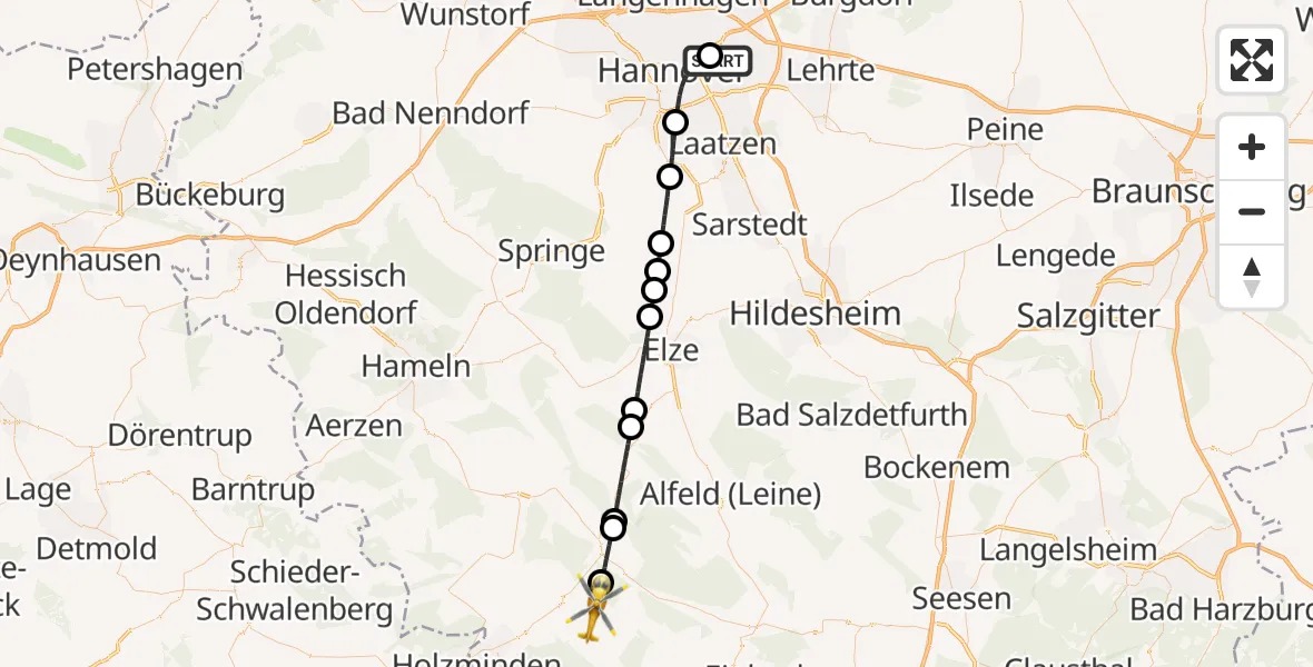 Flugroute Rettungshubschrauber Hannover Luftrettung Hubschrauberlandeplatz (Christoph 4) - Stadtoldendorf, 09 Juli 2026, 18:16