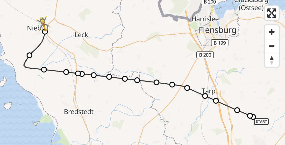 Flugroute Ambulanzhubschrauber Böklund - Niebüll, 09 Juli 2026, 18:17