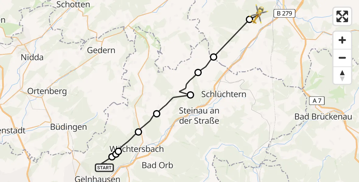 Flugroute Rettungshubschrauber Gelnhausen - Neuhof, 09 Juli 2026, 18:18