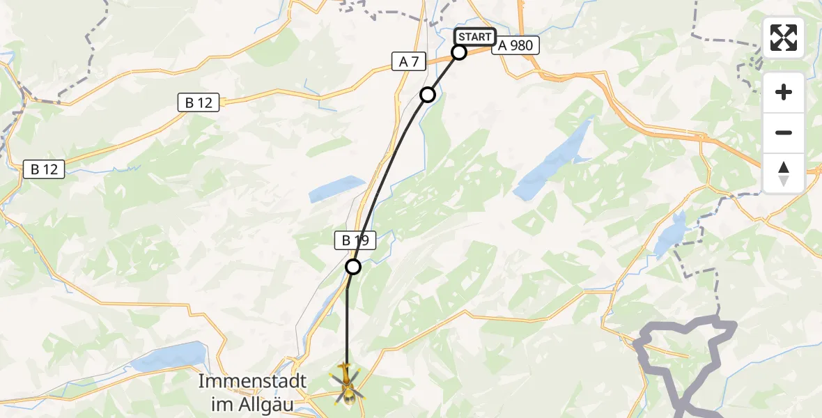 Flugroute Rettungshubschrauber Kempten-Durach Flugplatz - Rettenberg, 09 Juli 2026, 18:20