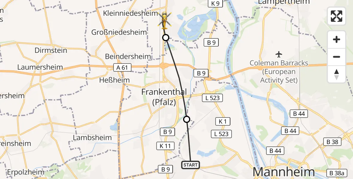 Flugroute Rettungshubschrauber Ludwigshafen am Rhein - Bobenheim-Roxheim, 09 Juli 2026, 18:20