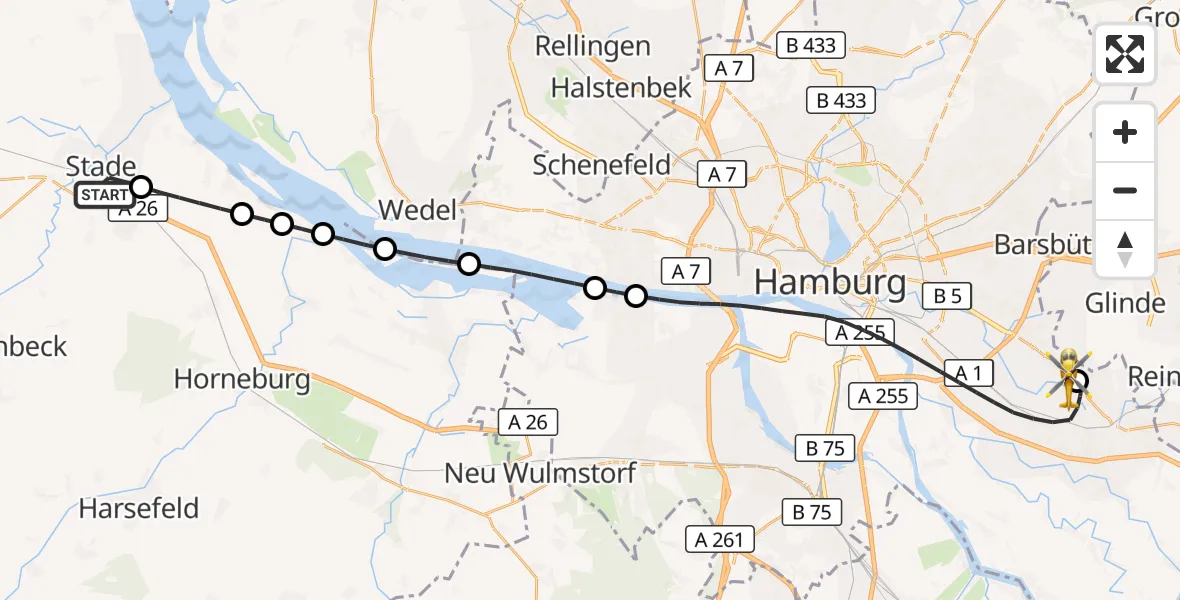 Flugroute Ambulanzhubschrauber Stade - Christoph Hansa ADAC Hubschrauberlandeplatz, 09 Juli 2026, 18:26