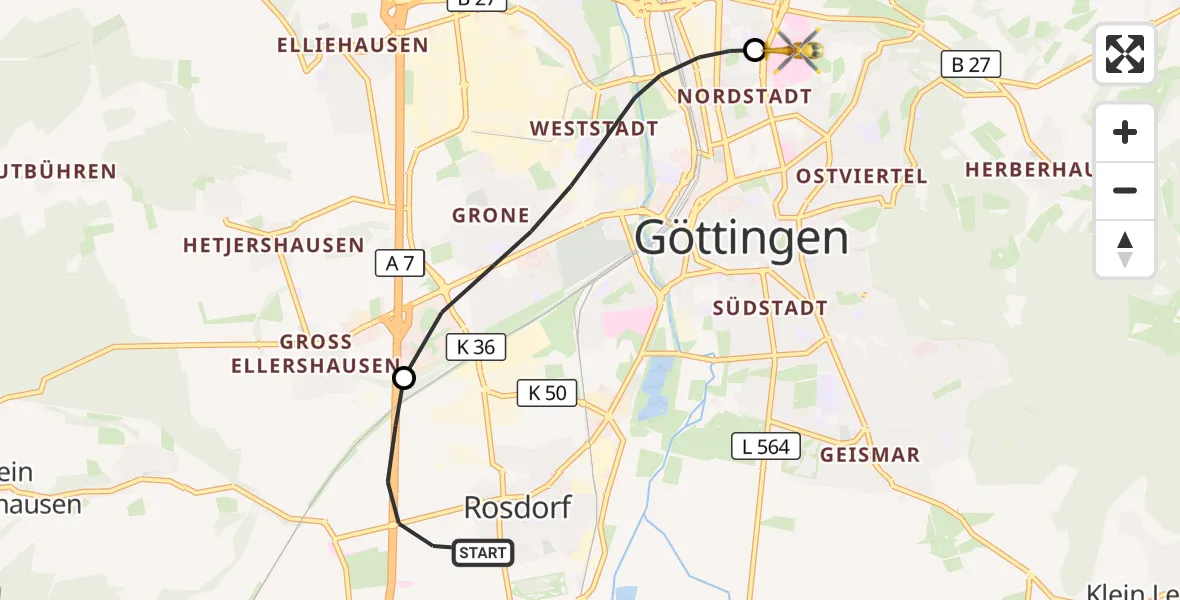 Flugroute Rettungshubschrauber Rosdorf - Göttingen University Clinic Hubschrauberlandeplatz, 09 Juli 2026, 18:26