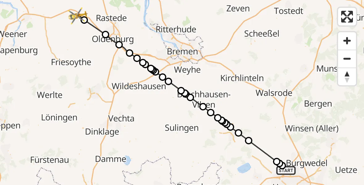 Flugroute Rettungshubschrauber Flughafen Hannover - Westerstede, 09 Juli 2026, 18:29