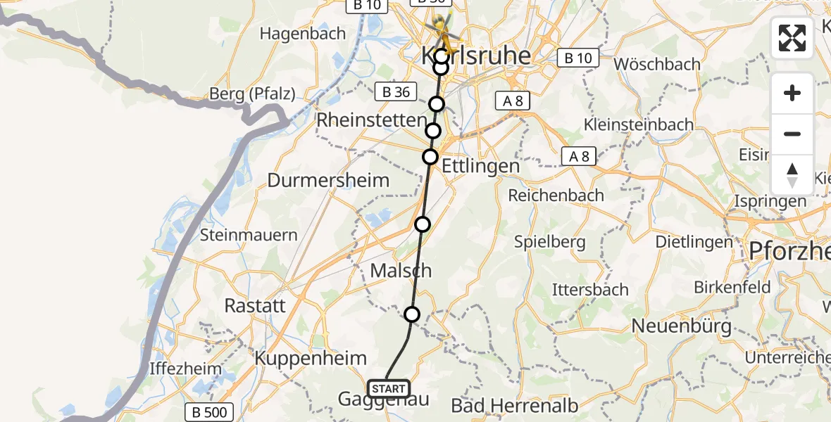 Flugroute Ambulanzhubschrauber Gaggenau - Karlsruhe, 09 Juli 2026, 18:34