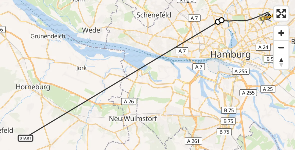Flugroute Rettungshubschrauber Harsefeld - Hamburg Military Hospital, 09 Juli 2026, 18:43