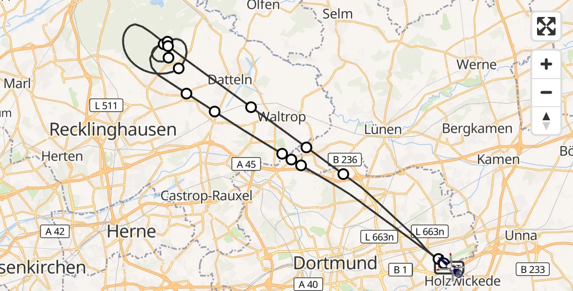 Flugroute Polizeihubschrauber Dortmund Flughafen - Dortmund Flughafen, 09 Juli 2026, 18:45