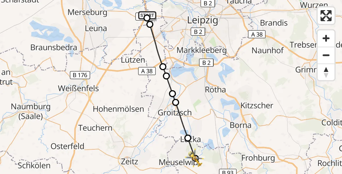 Flugroute Rettungshubschrauber ADAC Air Rescue Station Leipzig/Schkeuditz-Dölzig Hubschrauberlandeplatz (Christoph 61) - Meuselwitz, 09 Juli 2026, 18:47