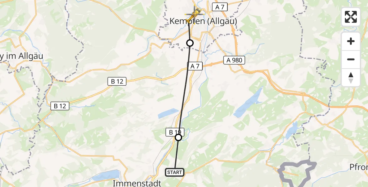Flugroute Rettungshubschrauber Rettenberg - Kempten (Allgäu), 09 Juli 2026, 18:47