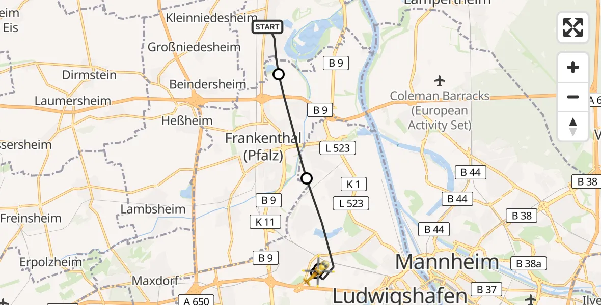 Flugroute Rettungshubschrauber Bobenheim-Roxheim - Ludwigshafen Accident Hospital Hubschrauberlandeplatz, 09 Juli 2026, 18:59