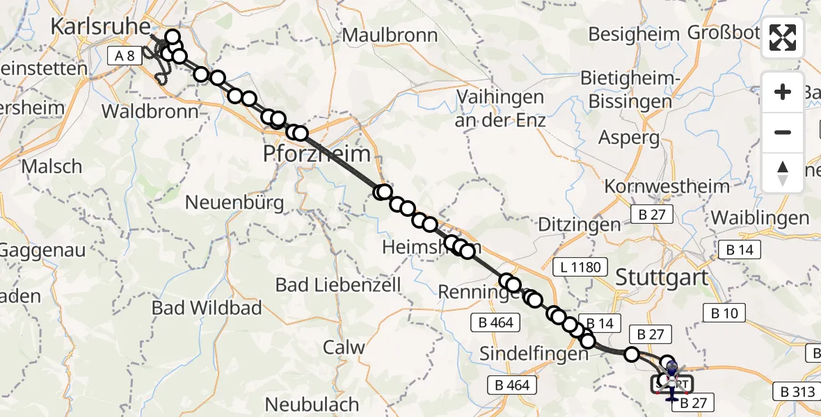 Flugroute Polizeihubschrauber Flughafen Stuttgart - Flughafen Stuttgart, 09 Juli 2026, 19:00