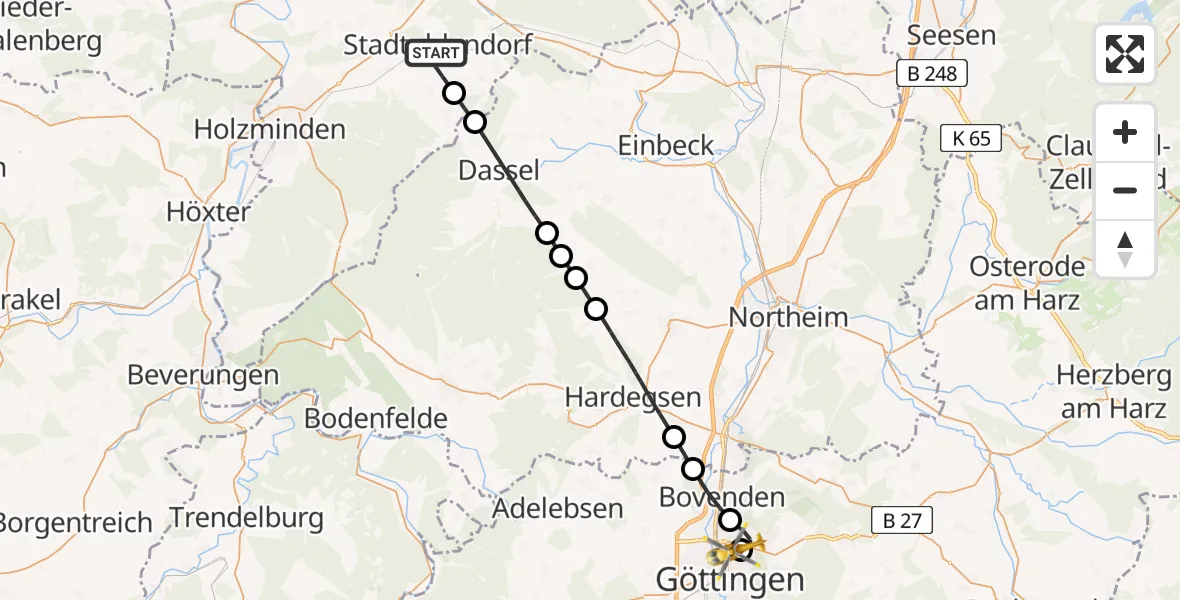 Flugroute Rettungshubschrauber Stadtoldendorf - Göttingen University Clinic Hubschrauberlandeplatz, 09 Juli 2026, 19:05