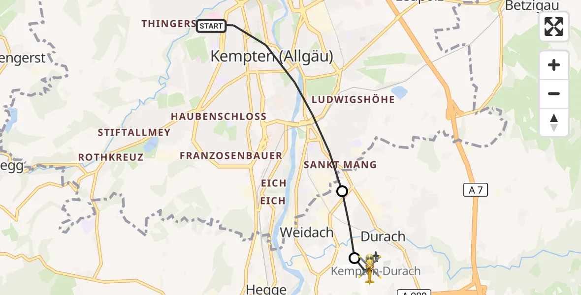 Flugroute Rettungshubschrauber Kempten (Allgäu) - Kempten-Durach Flugplatz, 09 Juli 2026, 19:09