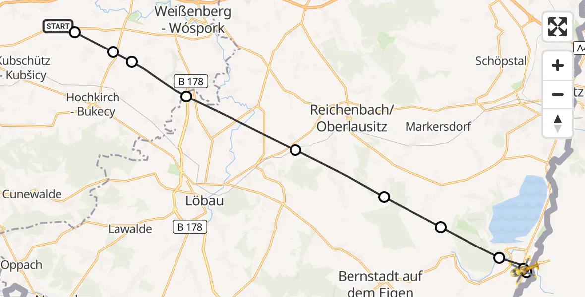 Flugroute Rettungshubschrauber Kubschütz - Görlitz, 09 Juli 2026, 19:15