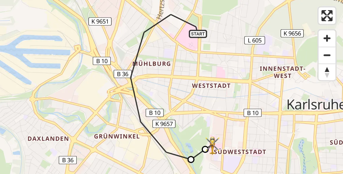 Flugroute Ambulanzhubschrauber Karlsruhe - Sankt Vincentius Hospital, 09 Juli 2026, 19:21