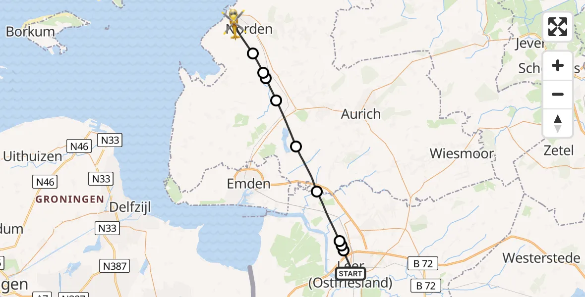 Flugroute Ambulanzhubschrauber Leer (Ostfriesland) - Norden, 09 Juli 2026, 19:22