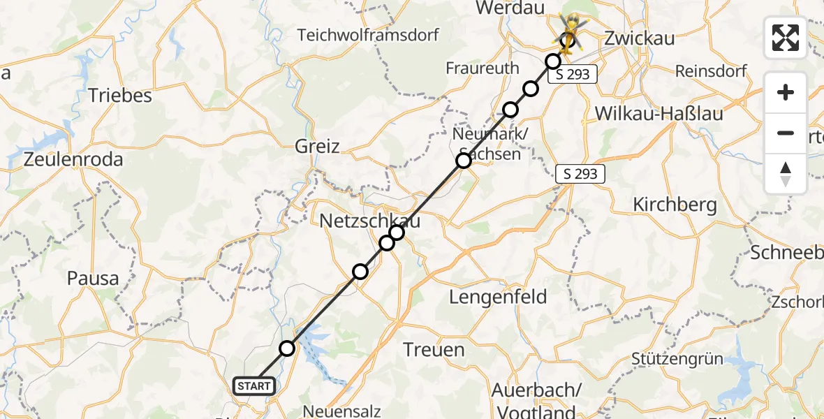 Flugroute Rettungshubschrauber Plauen - ADAC Air Rescue Station Zwickau Hubschrauberlandeplatz, 09 Juli 2026, 19:22