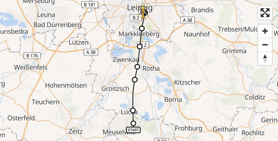 Flugroute Rettungshubschrauber Meuselwitz - Leipzig University Hospital Heliport 1, 09 Juli 2026, 19:26